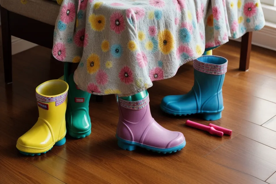 Ein bunter Kindergummistiefel auf dem Linoleumboden einer Kindertagesstätte.
