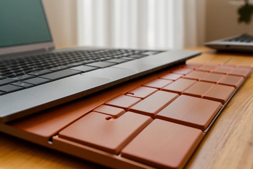 Laptop-Tastatur mit Saftfleck und einem französischen Roman auf einem Schreibtisch.