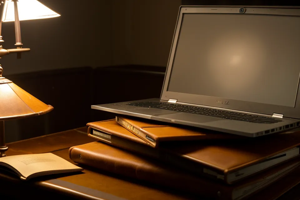 Laptop mit dem Kurs Konfliktleichtigkeit neben französischen Romanen auf einem Arbeitstisch.