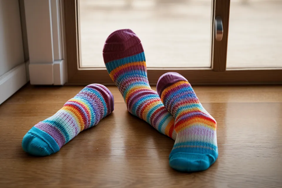 Bunte Kleinkindsocken liegen verstreut auf einem alten Dielenboden im Sonnenlicht.