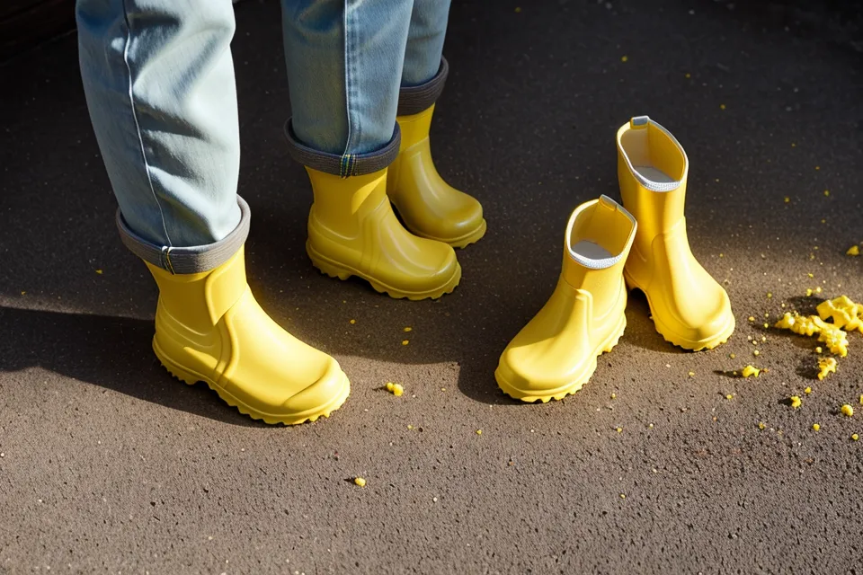 Gelbe Kindergummistiefel im sonnigen Flur einer Altbauwohnung.