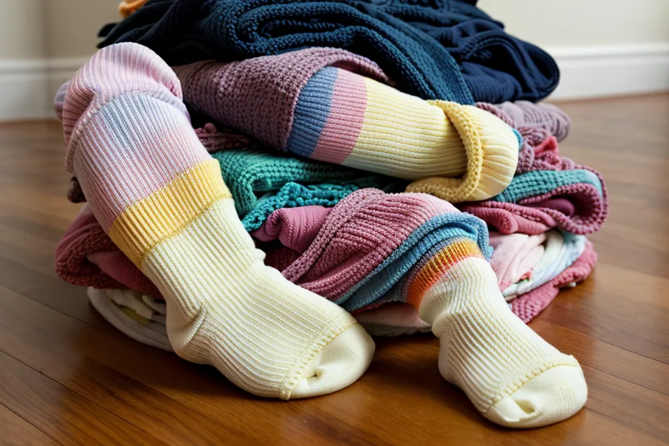 Ein Stapel bunte Kinderwäsche und eine einsame Socke auf dem Boden.