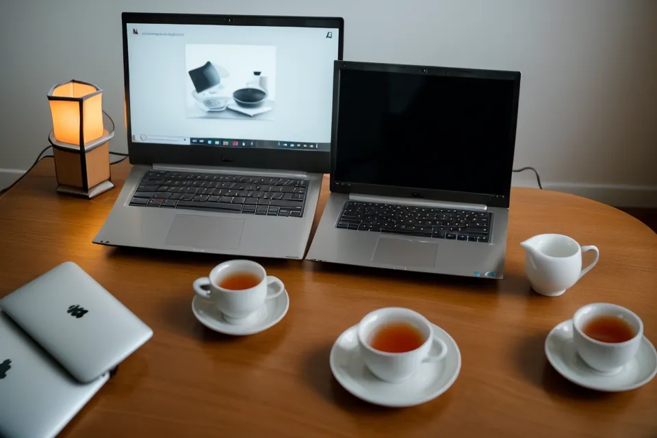 Ein Laptop mit einem Online-Kurs und eine Tasse Tee auf dem Schreibtisch.