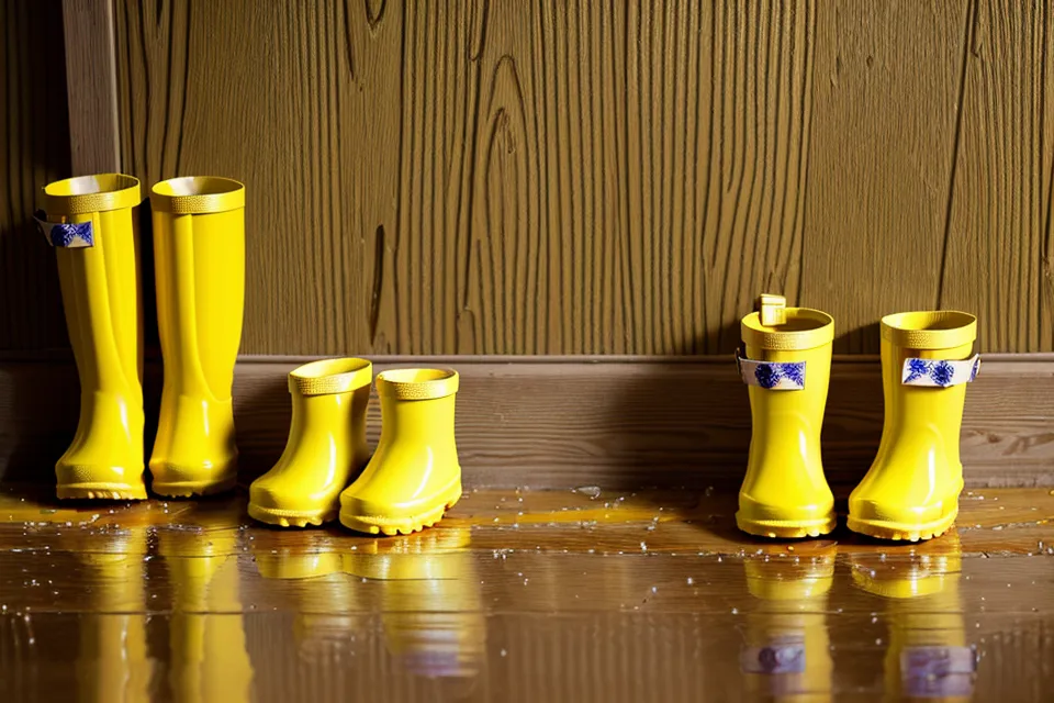 Gelbe Gummistiefel im Flur nach einem anstrengenden Tag mit einem Kleinkind.