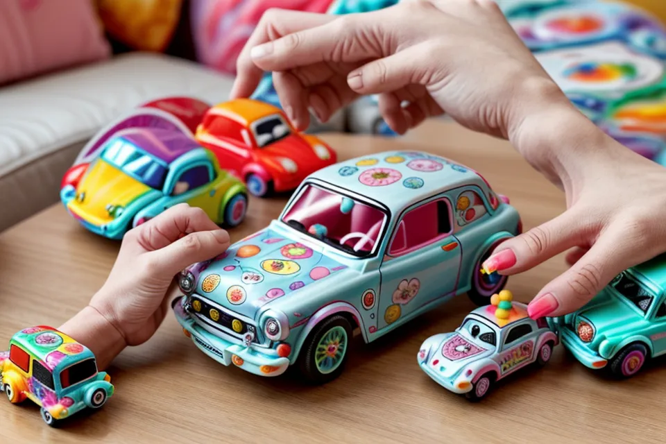Eine Hand hält bunte Aufkleber und ein Spielzeugauto als Vorbereitung für die Bahnfahrt.