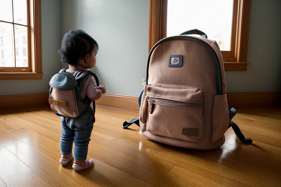Ein kleiner Kinderrucksack und Schuhe stehen bereit im Flur.